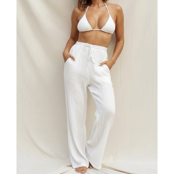MONDAY SWIMWEAR Tahiti Wide Leg Linen Pants White Crinkle Large